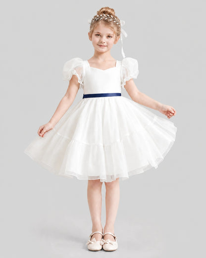 Dideyttawl Heart Cutout Organza Flower Girl Dress with Puff Sleeves