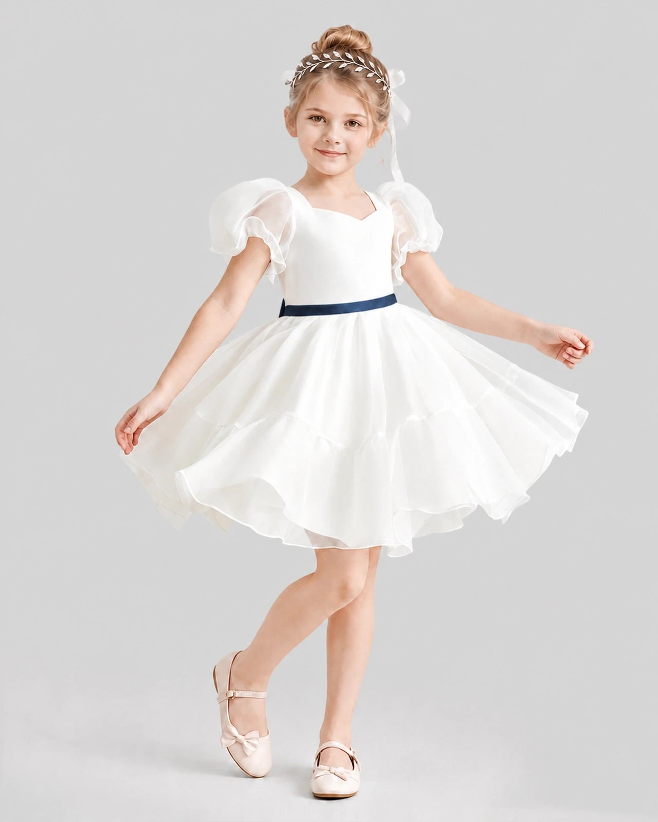 Dideyttawl Heart Cutout Organza Flower Girl Dress with Puff Sleeves