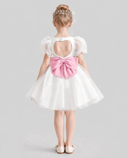 Dideyttawl Heart Cutout Organza Flower Girl Dress with Puff Sleeves