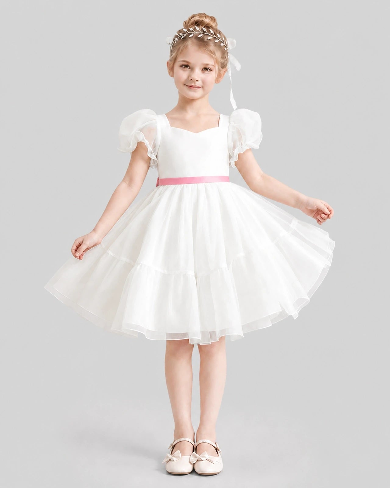 Dideyttawl Heart Cutout Organza Flower Girl Dress with Puff Sleeves