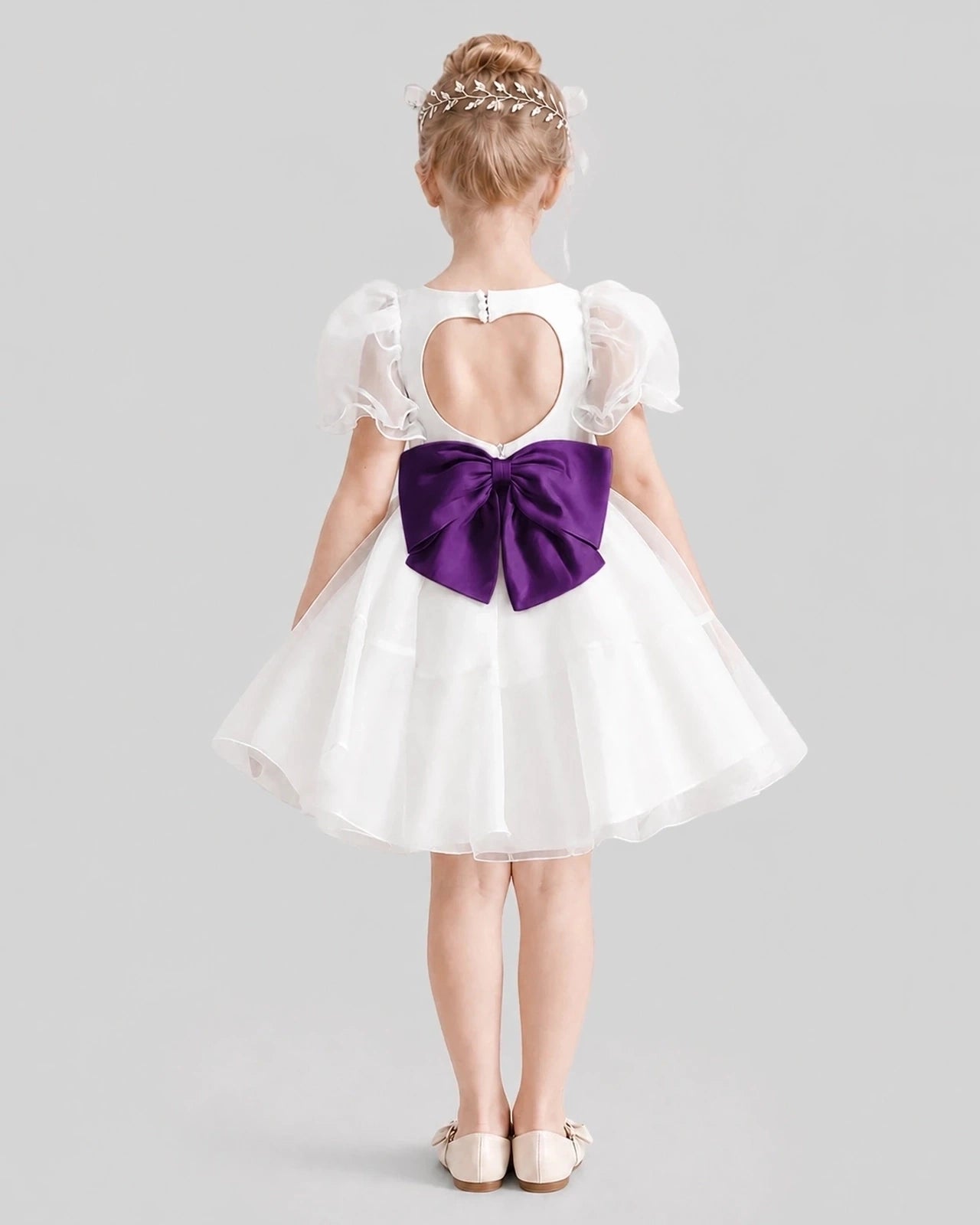 Dideyttawl Heart Cutout Organza Flower Girl Dress with Puff Sleeves