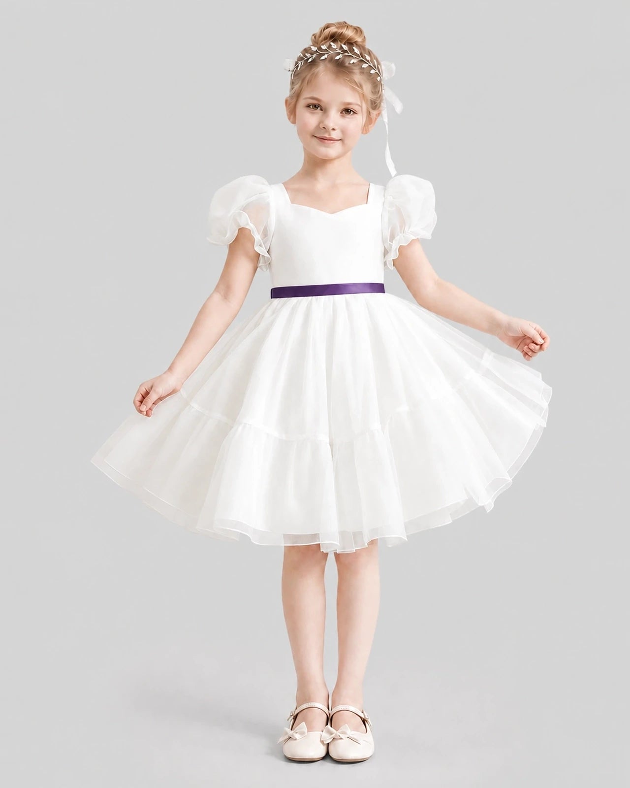 Dideyttawl Heart Cutout Organza Flower Girl Dress with Puff Sleeves