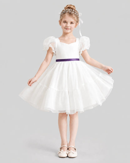 Dideyttawl Heart Cutout Organza Flower Girl Dress with Puff Sleeves