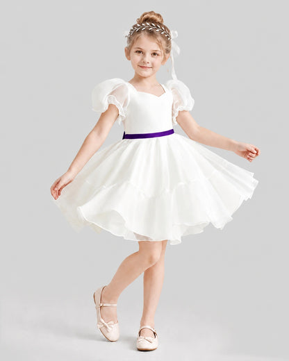 Dideyttawl Heart Cutout Organza Flower Girl Dress with Puff Sleeves