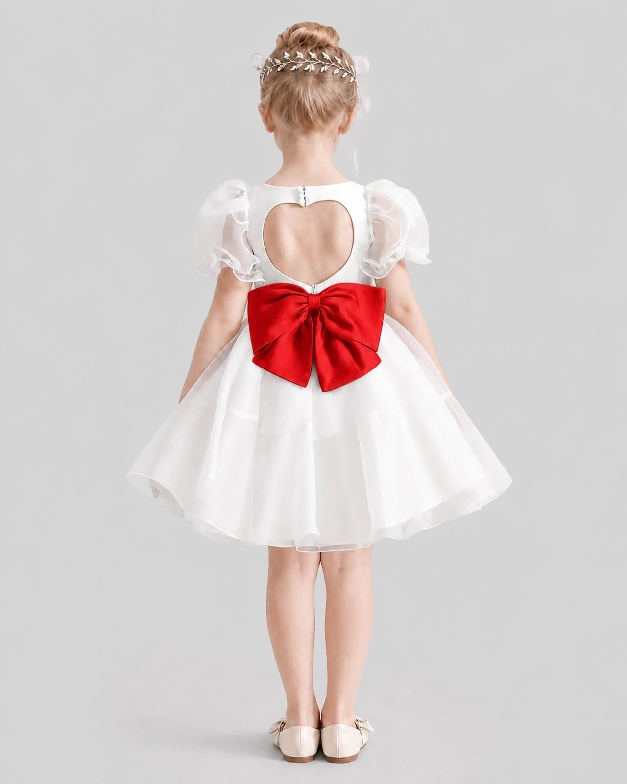 Dideyttawl Heart Cutout Organza Flower Girl Dress with Puff Sleeves