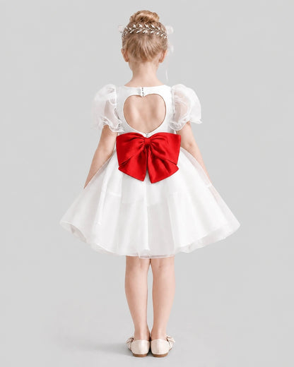 Dideyttawl Heart Cutout Organza Flower Girl Dress with Puff Sleeves