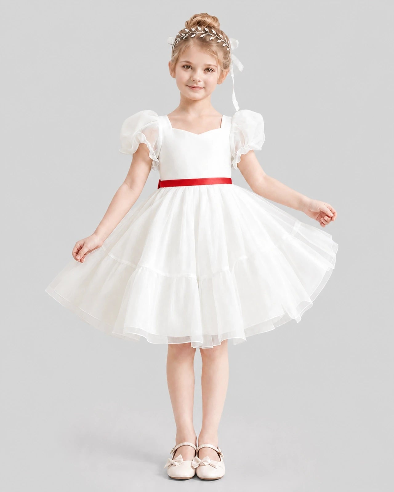 Dideyttawl Heart Cutout Organza Flower Girl Dress with Puff Sleeves