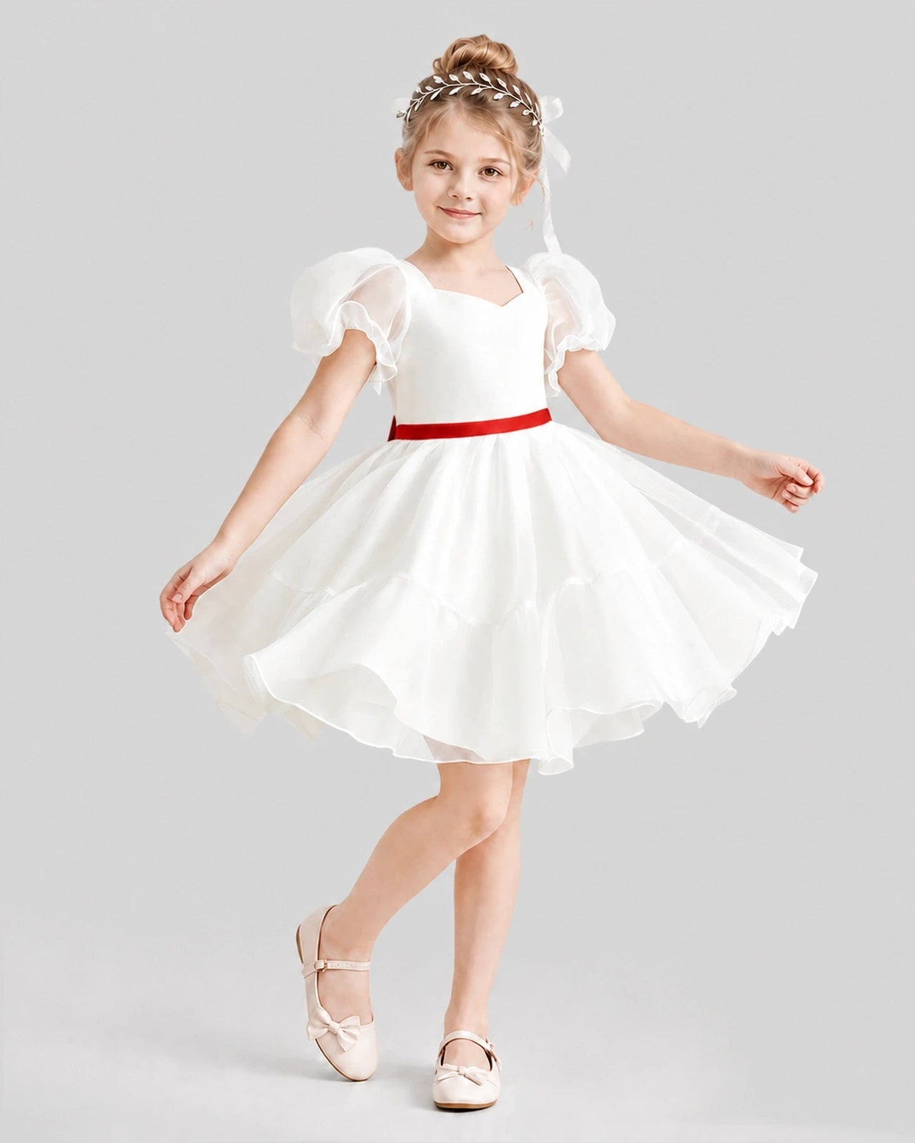 Dideyttawl Heart Cutout Organza Flower Girl Dress with Puff Sleeves