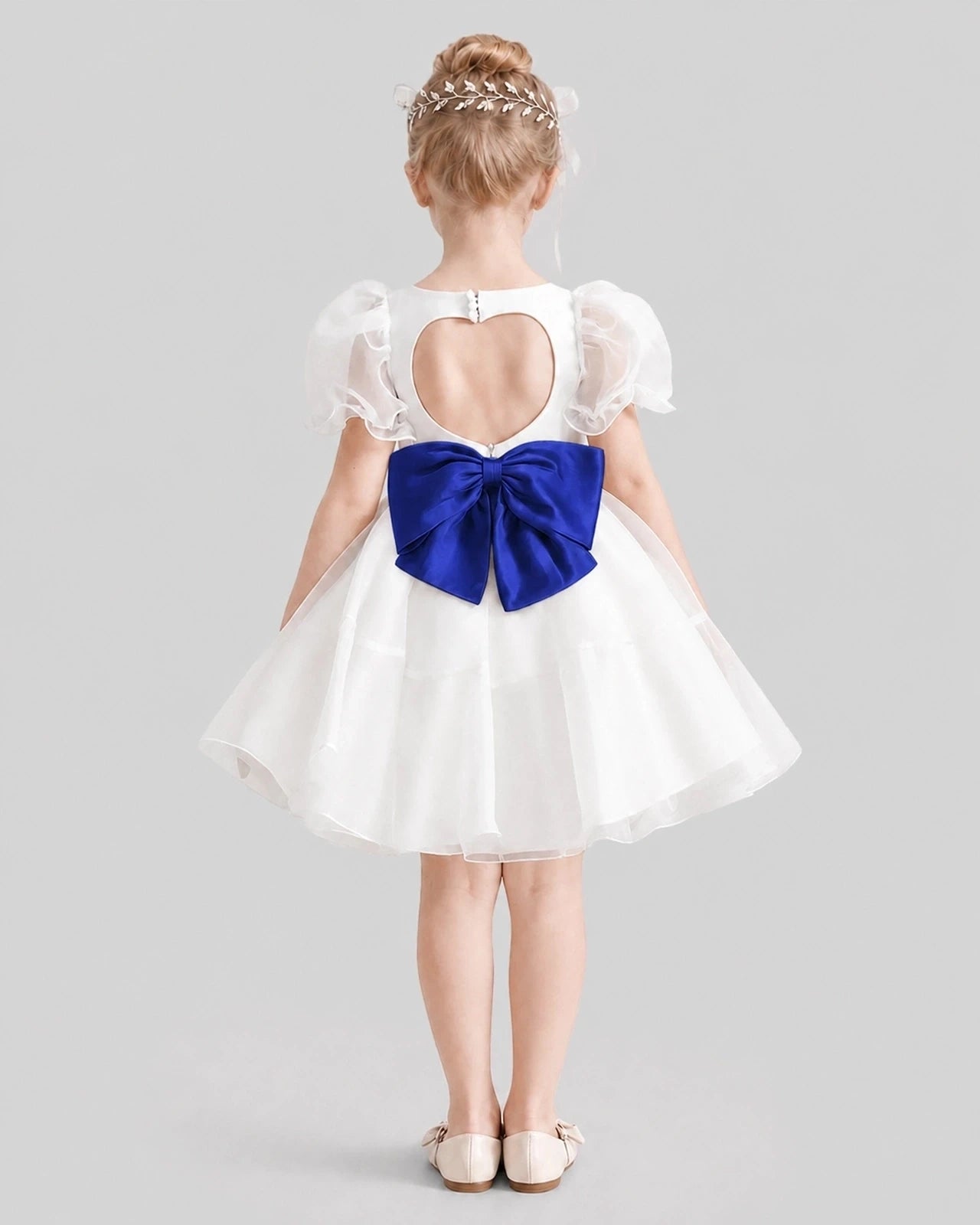 Dideyttawl Heart Cutout Organza Flower Girl Dress with Puff Sleeves