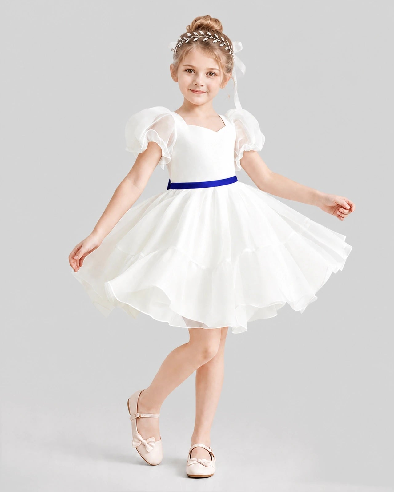 Dideyttawl Heart Cutout Organza Flower Girl Dress with Puff Sleeves