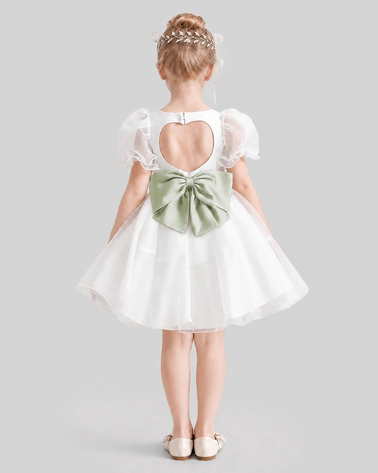 Dideyttawl Heart Cutout Organza Flower Girl Dress with Puff Sleeves