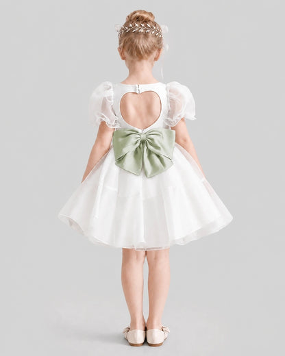 Dideyttawl Heart Cutout Organza Flower Girl Dress with Puff Sleeves