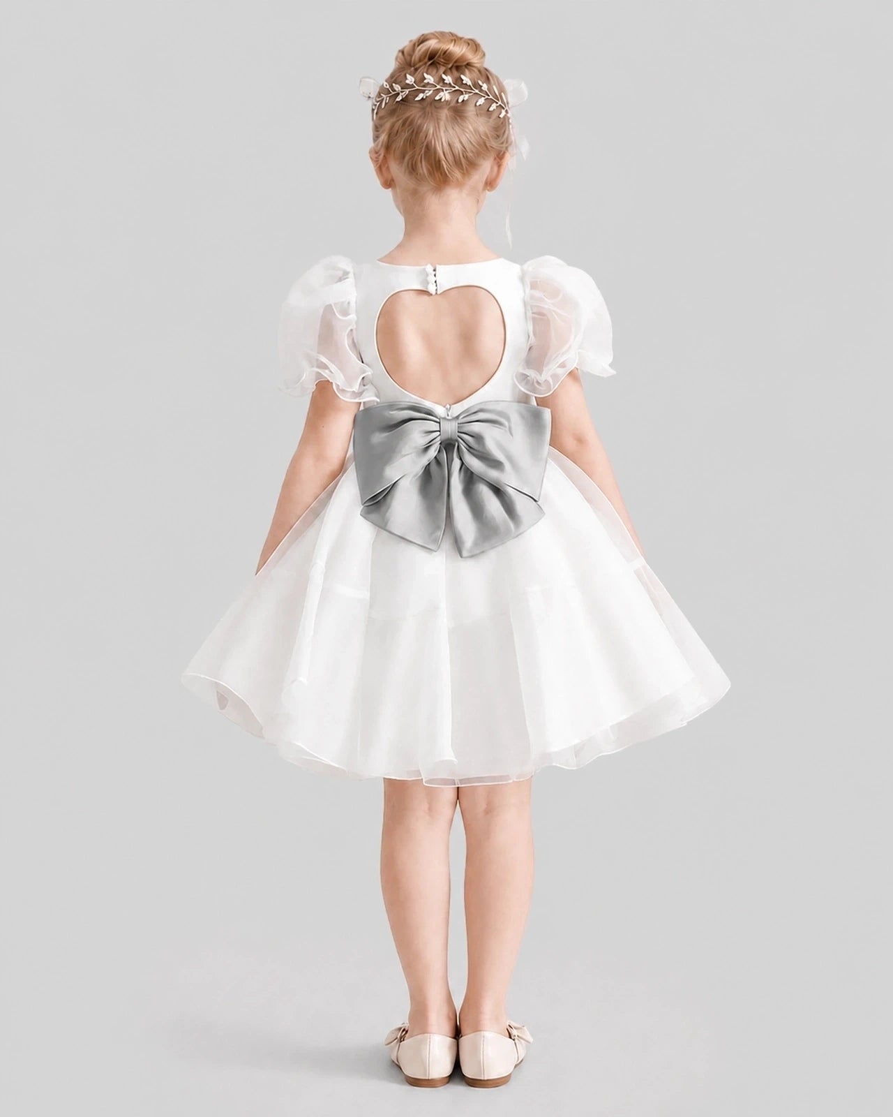 Dideyttawl Heart Cutout Organza Flower Girl Dress with Puff Sleeves
