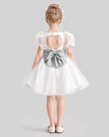 Silver Satin Bow A-line Flower Girl Dress Back View
