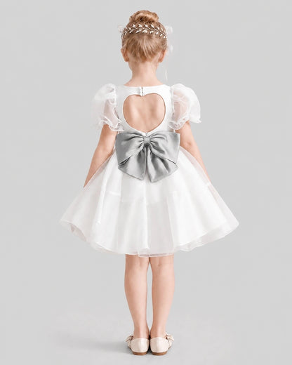 Dideyttawl Heart Cutout Organza Flower Girl Dress with Puff Sleeves
