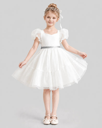 Dideyttawl Heart Cutout Organza Flower Girl Dress with Puff Sleeves