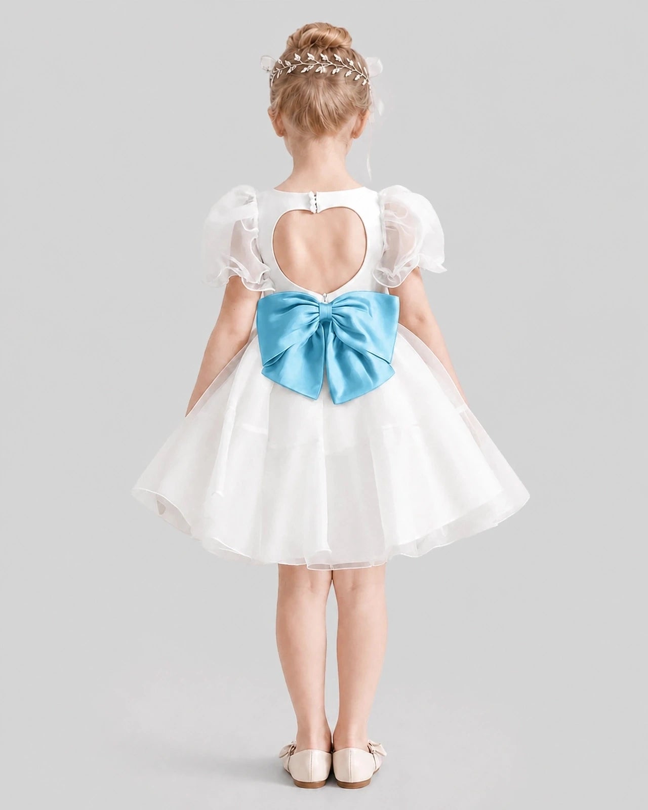 Dideyttawl Heart Cutout Organza Flower Girl Dress with Puff Sleeves