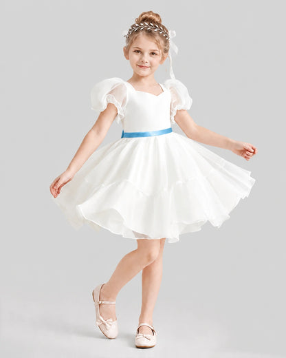 Dideyttawl Heart Cutout Organza Flower Girl Dress with Puff Sleeves