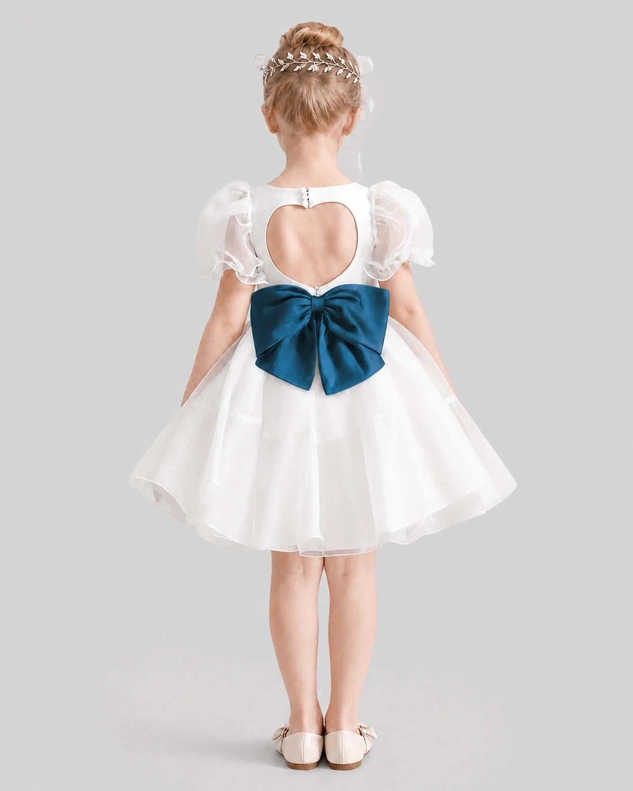 Dideyttawl Heart Cutout Organza Flower Girl Dress with Puff Sleeves