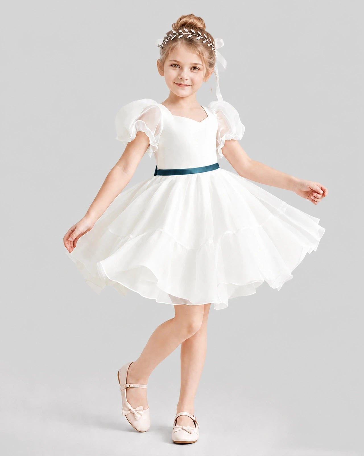 Dideyttawl Heart Cutout Organza Flower Girl Dress with Puff Sleeves