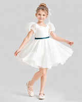 Teal Satin A-line Flower Girl Dresses Side View