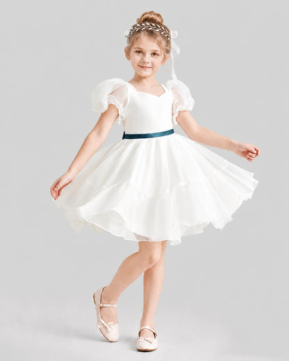 Dideyttawl Heart Cutout Organza Flower Girl Dress with Puff Sleeves