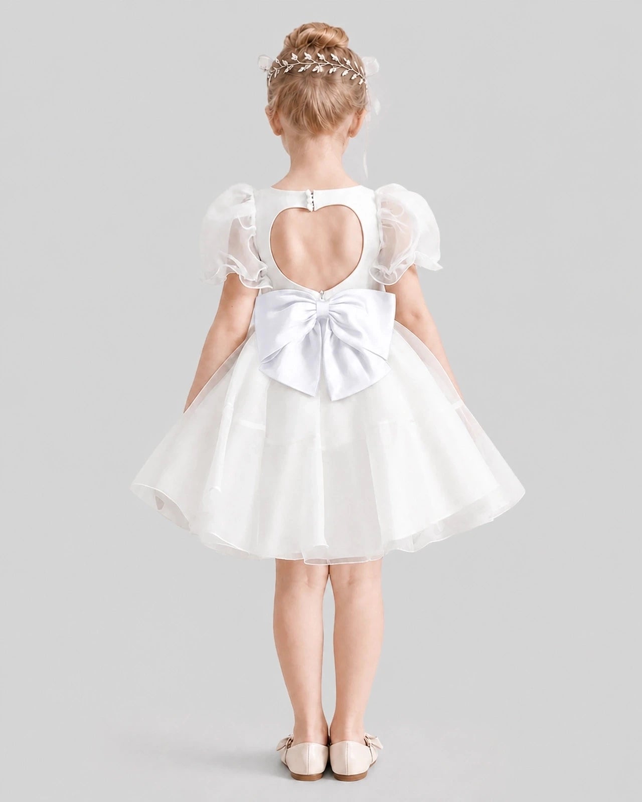 Dideyttawl Heart Cutout Organza Flower Girl Dress with Puff Sleeves