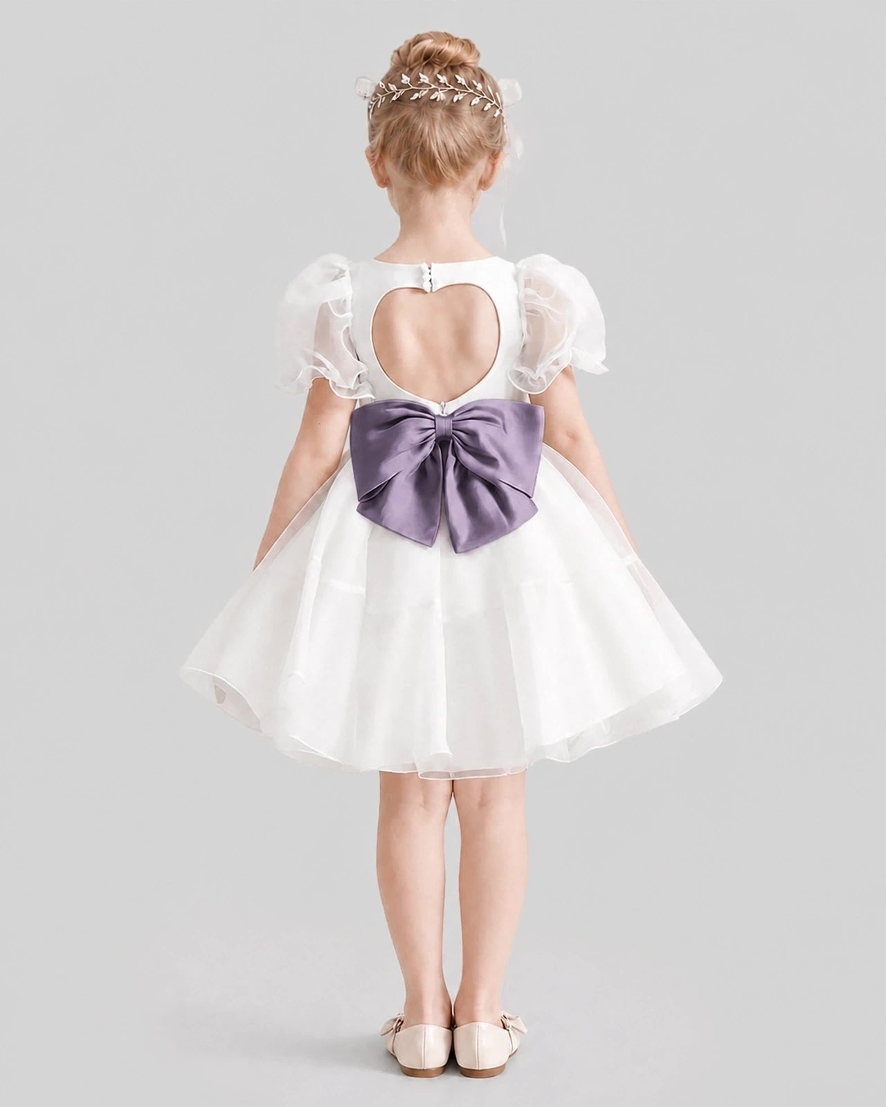Dideyttawl Heart Cutout Organza Flower Girl Dress with Puff Sleeves
