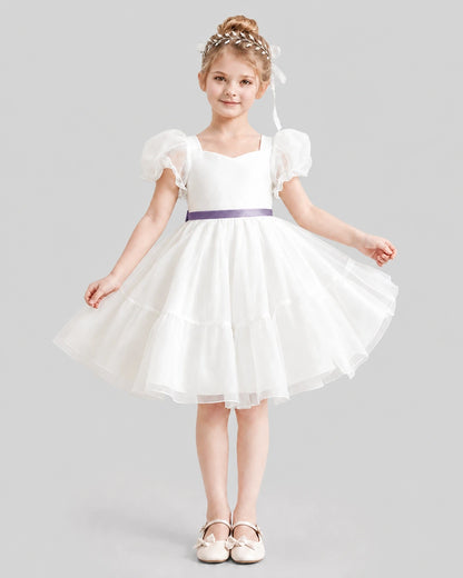 Dideyttawl Heart Cutout Organza Flower Girl Dress with Puff Sleeves