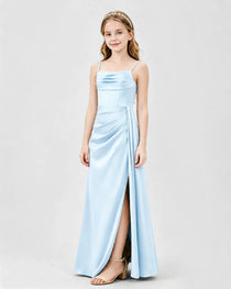 Baby Blue Junior Bridesmaid Dress Ruched Bodice Slit Satin Floor-Length Gown Side View