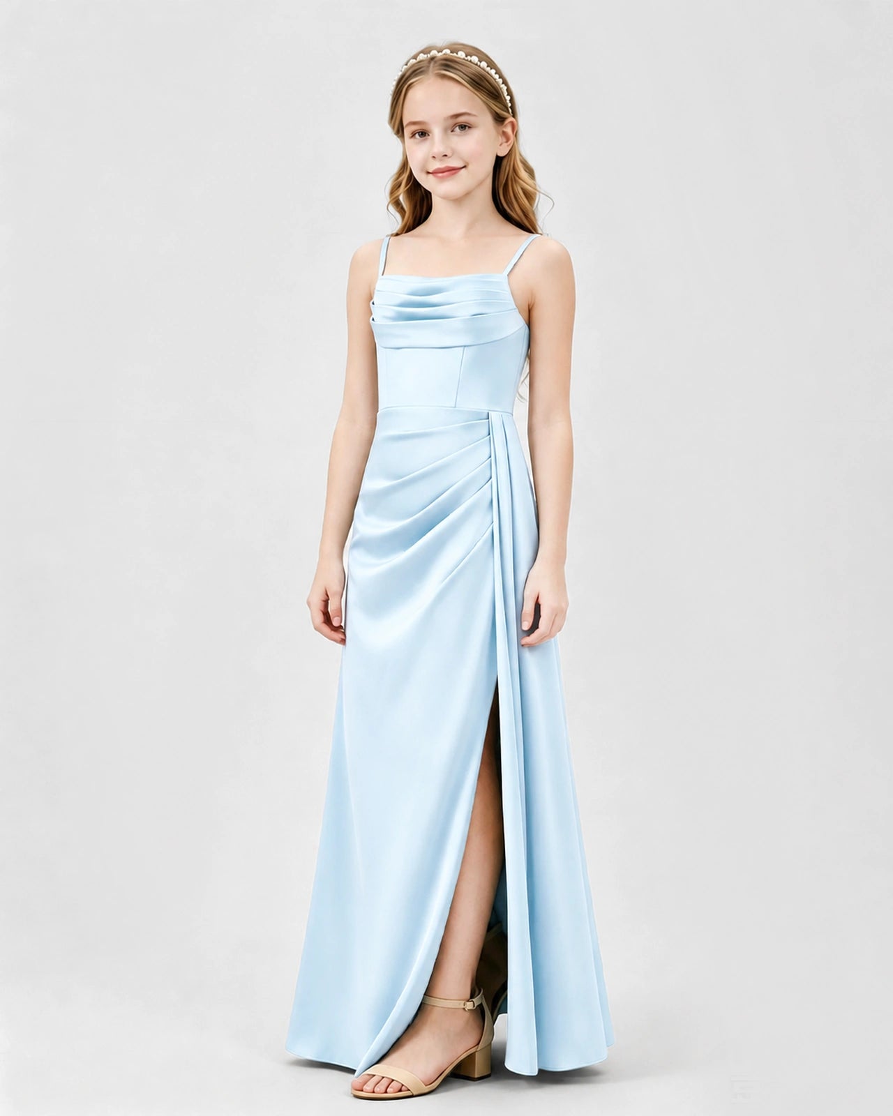 Baby Blue Junior Bridesmaid Dress Ruched Bodice Slit Satin Floor-Length Gown Side View