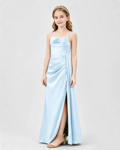 Baby Blue Junior Bridesmaid Dress Ruched Bodice Slit Satin Floor-Length Gown Side View