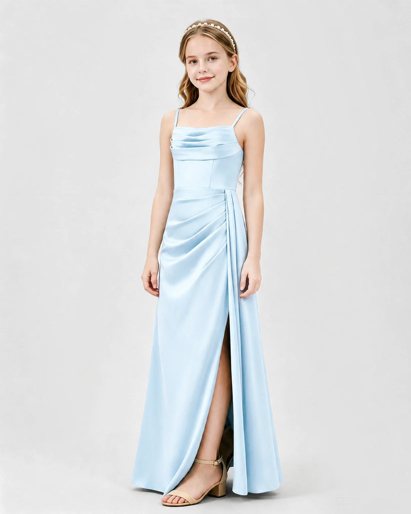 Baby Blue Satin A-line Junior Bridesmaid Dress Front View