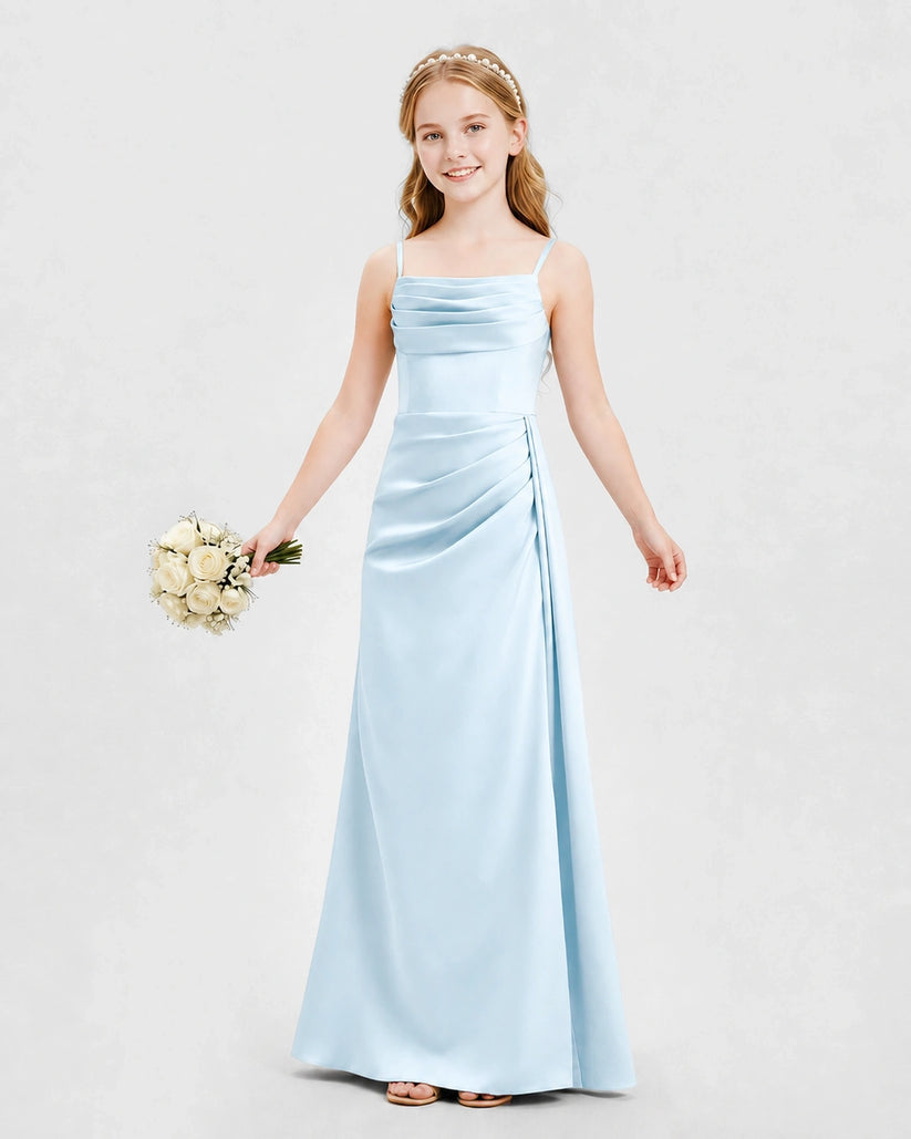 Baby Blue Satin A-line Junior Bridesmaid Dress Front View