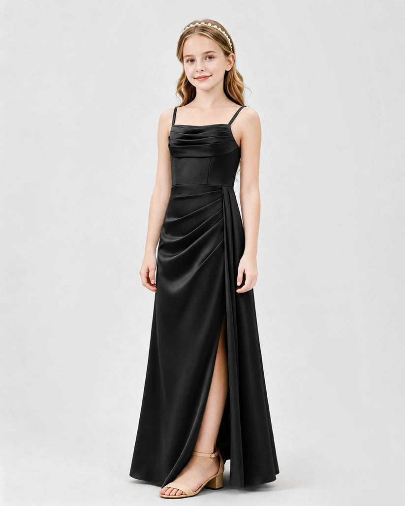 Black Satin A-line Junior Bridesmaid Dress Front View