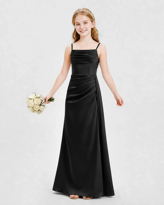 Black Satin A-line Junior Bridesmaid Dress Front View