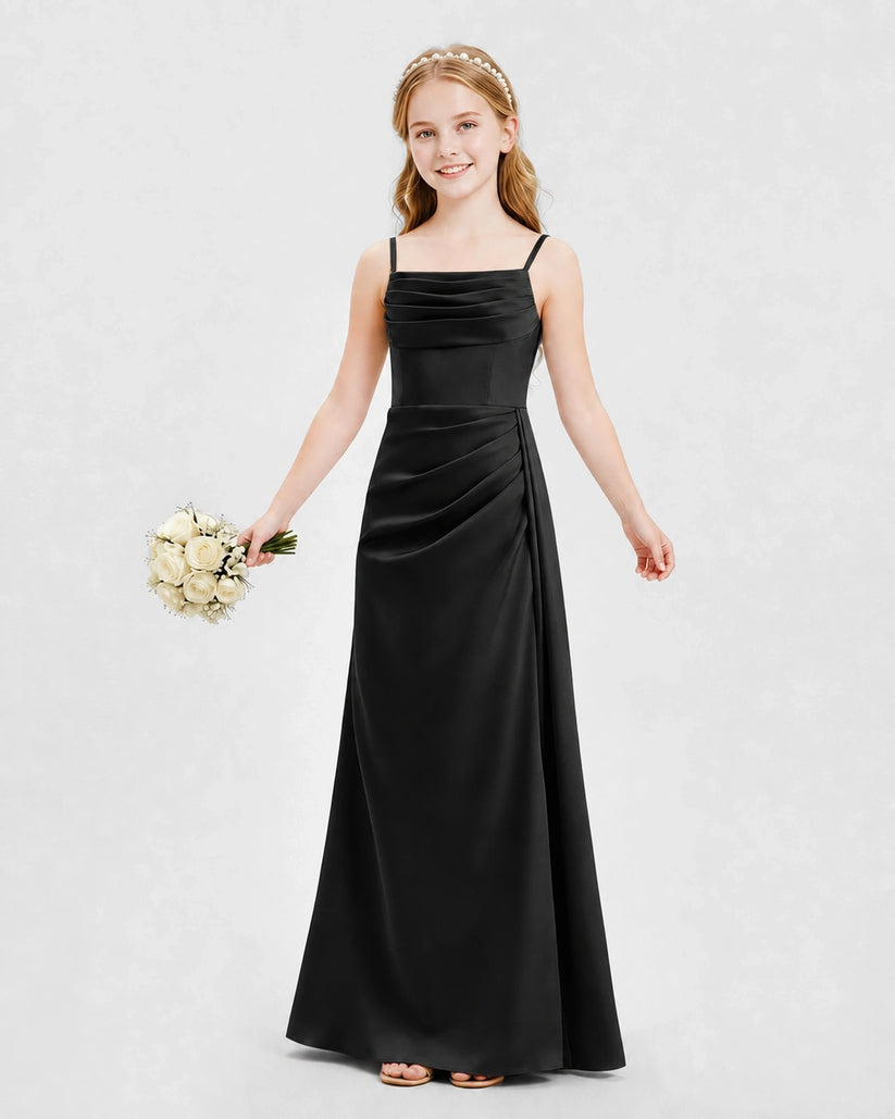 Black Satin A-line Junior Bridesmaid Dress Front View