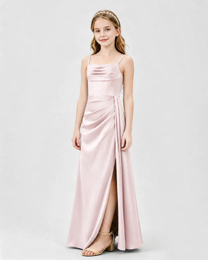 Blush Pink Junior Bridesmaid Dress Ruched Bodice Slit Satin Floor-Length Gown Side View