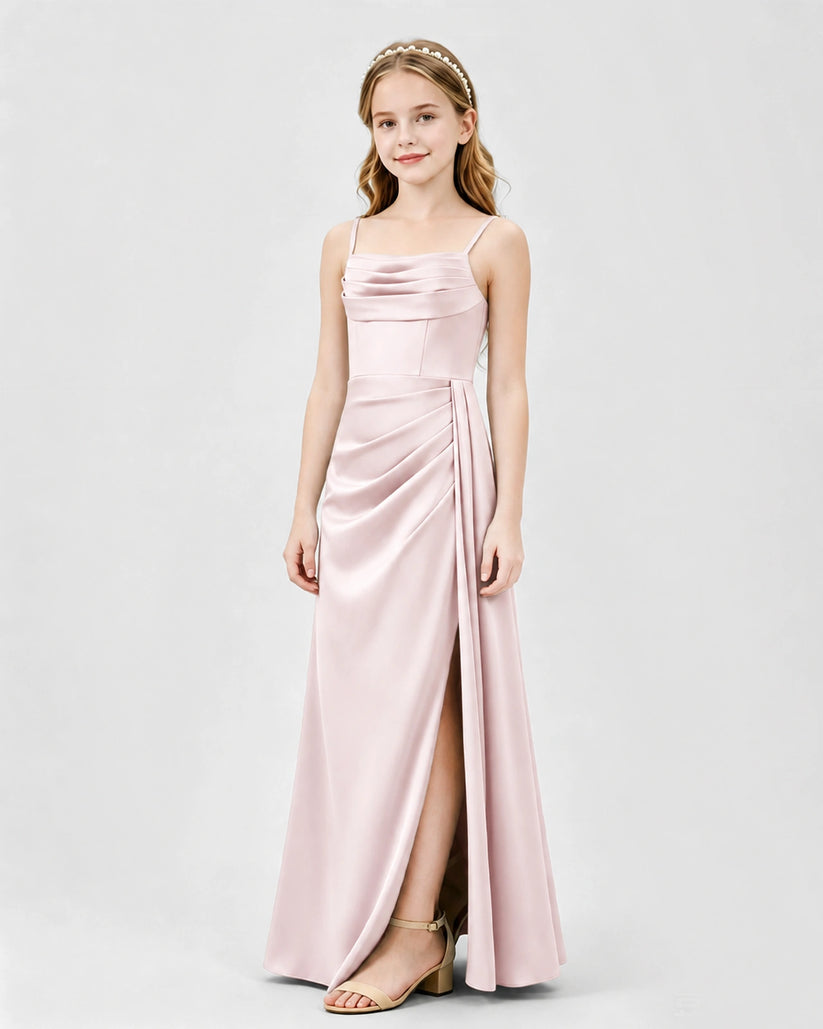 Blush Pink Satin A-line Junior Bridesmaid Dress Front View