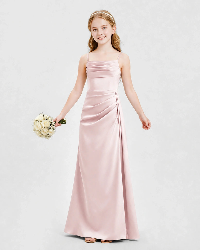 Blush Pink Satin A-line Junior Bridesmaid Dress Front View