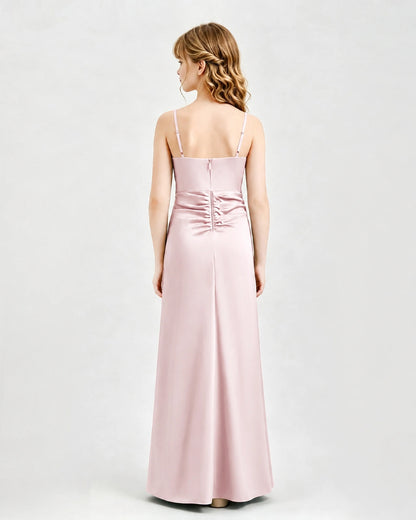 Blush Pink Junior Bridesmaid Dress Ruched Bodice Slit Satin Floor-Length Gown Back View