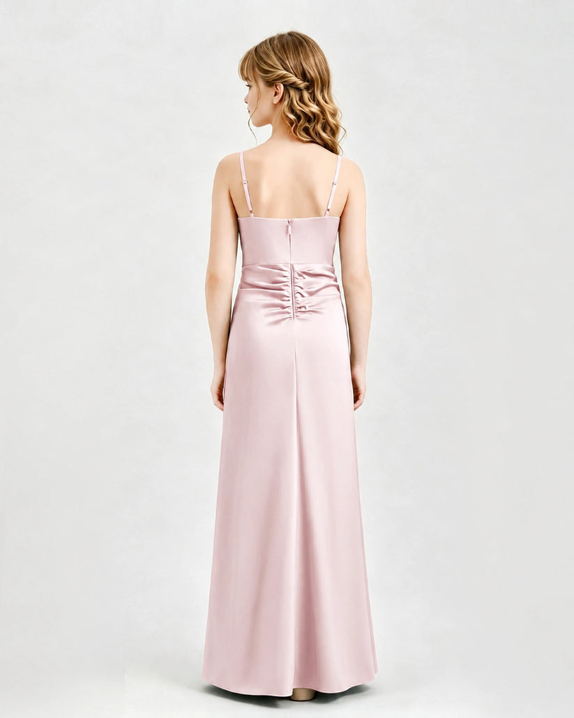 Blush Pink Satin A-line Junior Bridesmaid Dress Back View