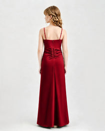 Burgundy Junior Bridesmaid Dress Ruched Bodice Slit Satin Floor-Length Gown Back View