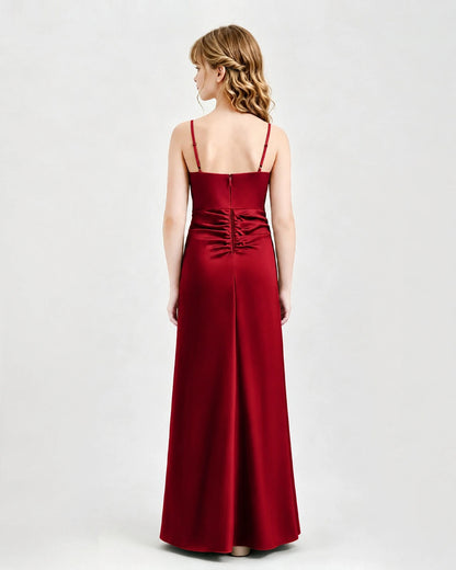 Burgundy Junior Bridesmaid Dress Ruched Bodice Slit Satin Floor-Length Gown Back View