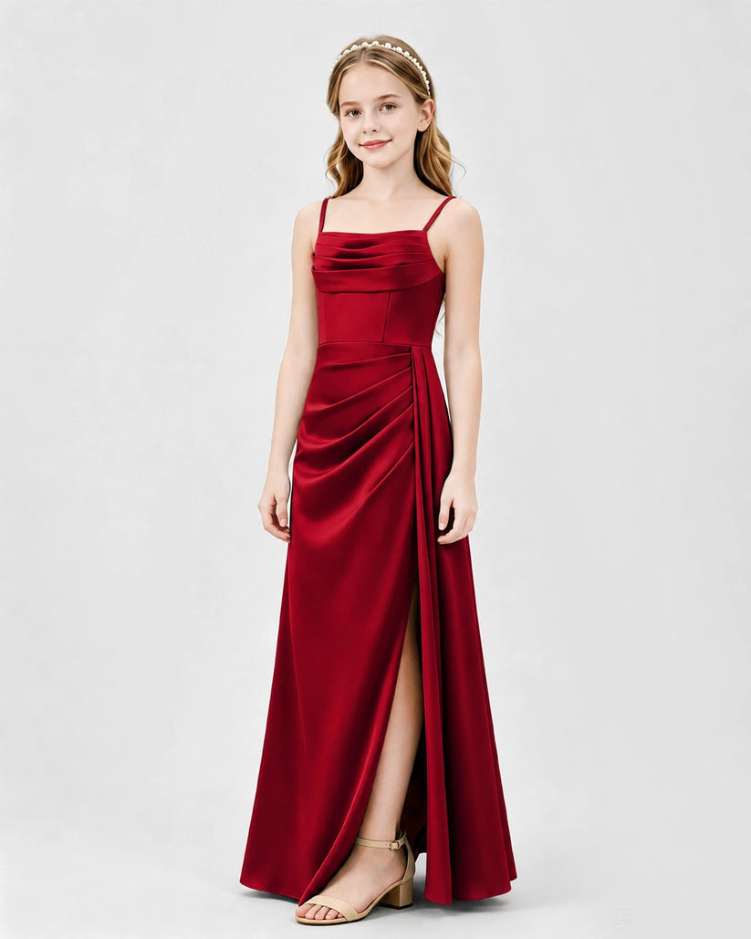 Burgundy Satin A-line Junior Bridesmaid Dress Front View