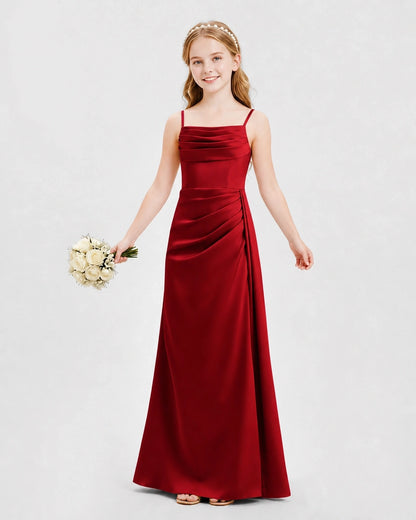 Burgundy Junior Bridesmaid Dress Ruched Bodice Slit Satin Floor-Length Gown Front View