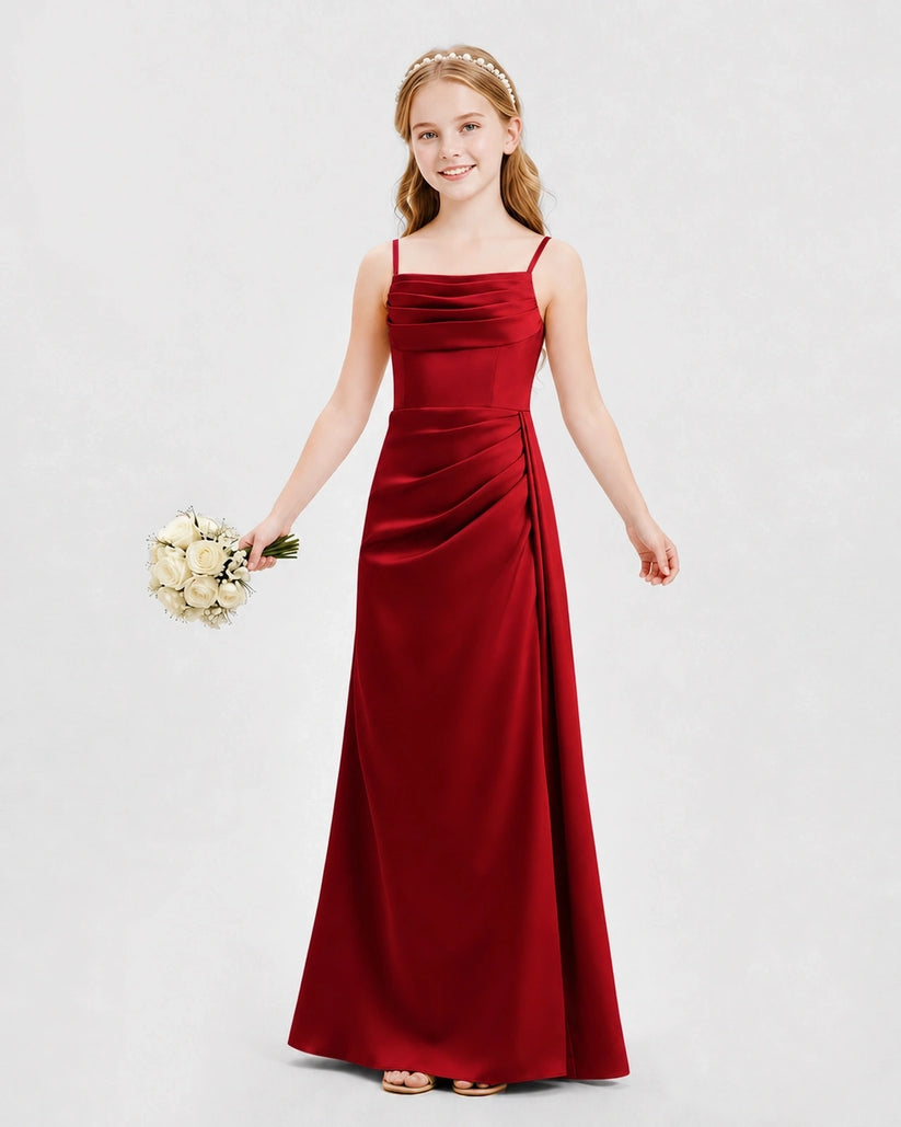 Burgundy Satin A-line Junior Bridesmaid Dress Front View