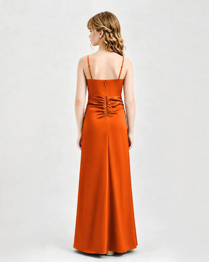 Burnt Orange Junior Bridesmaid Dress Ruched Bodice Slit Satin Floor-Length Gown Back View