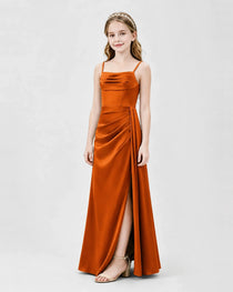 Burnt Orange Junior Bridesmaid Dress Ruched Bodice Slit Satin Floor-Length Gown Side View