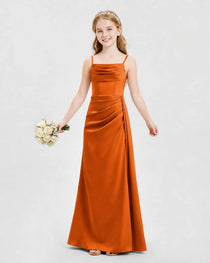 Burnt Orange Junior Bridesmaid Dress Ruched Bodice Slit Satin Floor-Length Gown Front View